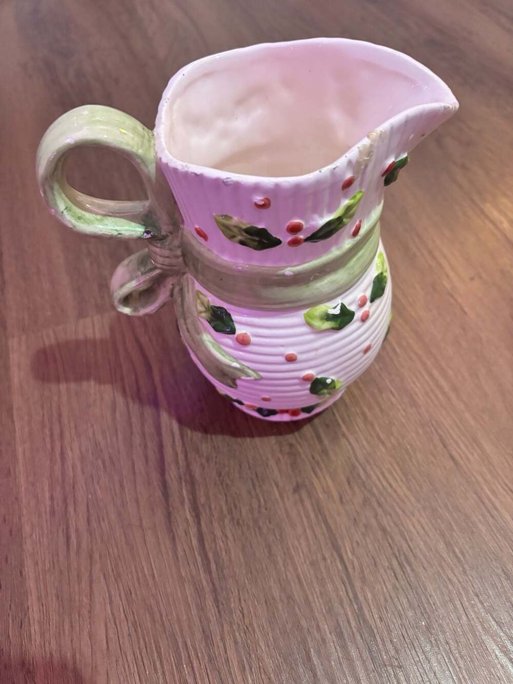 Vintage Ceramic Christmas Holly Berry Pitcher Creamer with Ribbon Handle